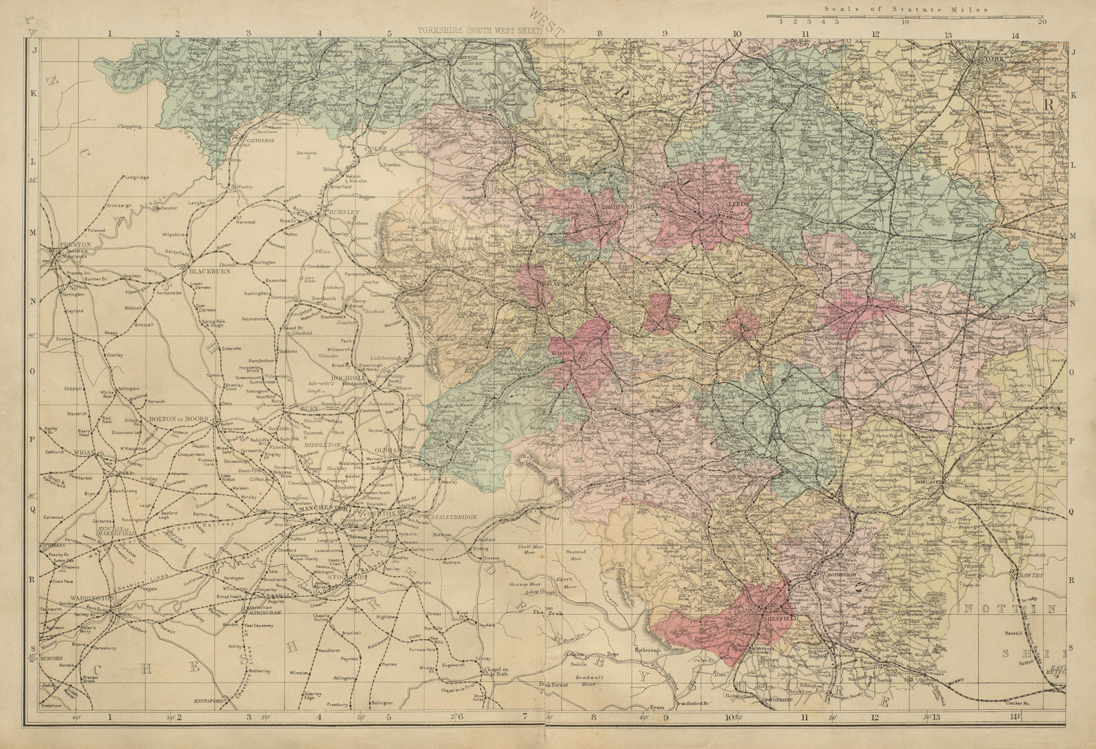 YORKSHIRE (South West) Sheffield Leeds Bradford County map GW BACON 1885
